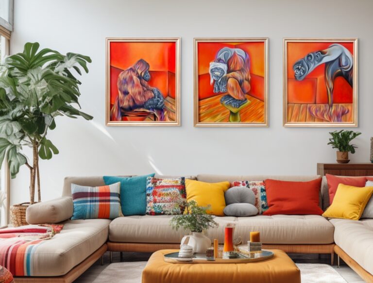 Interior living area with triptych displayed on the wall above the sofa.