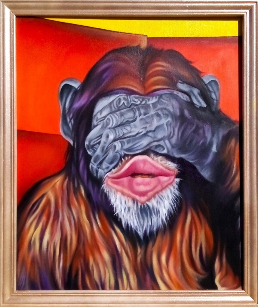 A colourful painting of a pouting chimpanzee with its left hand over its eyes, forming a blindfold. The background features vibrant shades of red, orange, and yellow. The frame of the painting is brown with a gold accent.