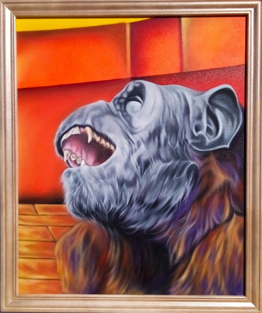 A colourful painting of a chimpanzee with its mouth open in a speaking position with the teeth exposed.