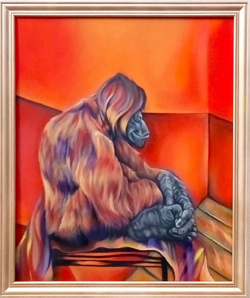 Oil on canvas, a triptych of chimps, influenced by Francis Bacon's painting. Three figures at the base of the crucifixion. Chimpanzee seated on a chair, with multi-coloured fur, purple, orange and yellow tones. In a room of orange and yellow tones, wooden floor boards.