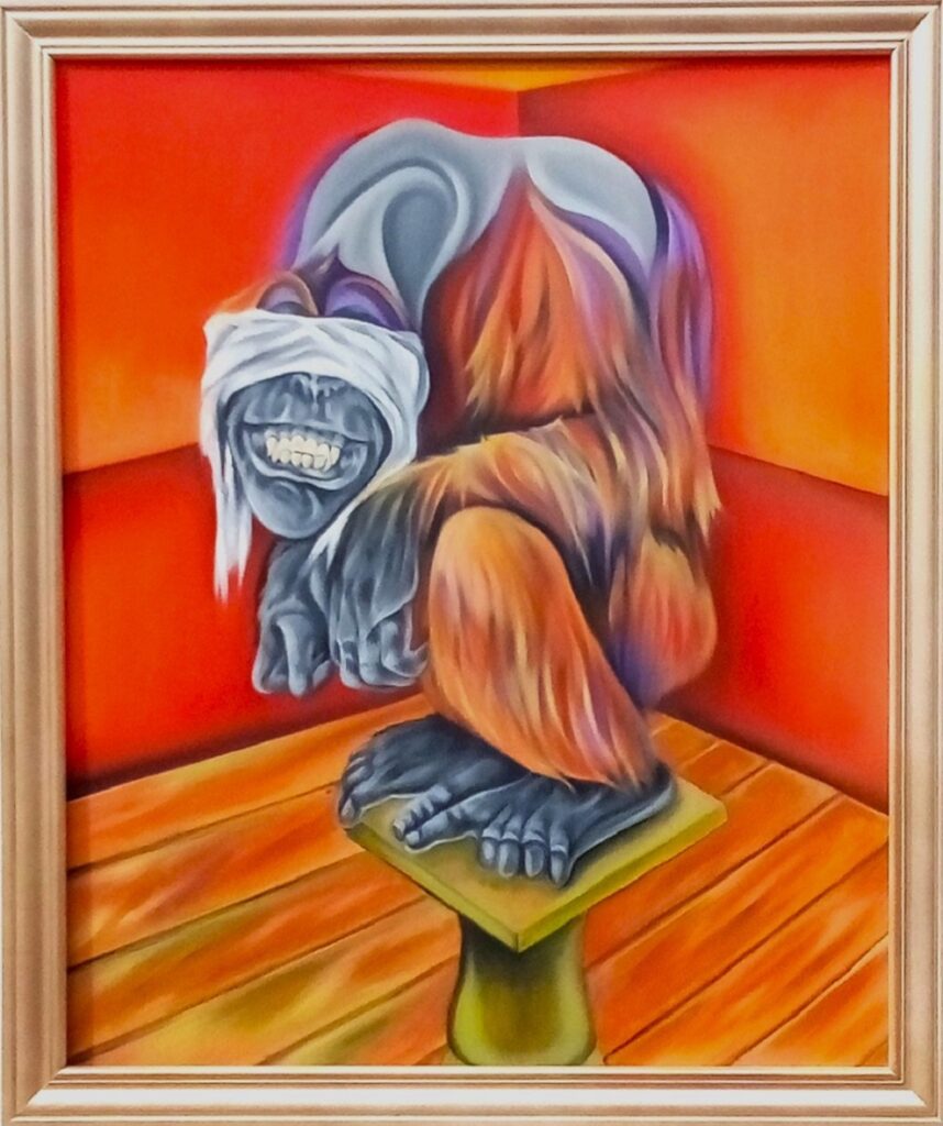 Oil on canvas, a triptych of chimps, influenced by Francis Bacon's painting. Three figures at the base of the crucifixion. Mutated Chimpanzee squatting on a green stand, with multi-coloured fur, purple, orange and yellow tones. In a room of orange and yellow tones, wearing a blindfold, smiling and showing white teeth, wooden floorboards.