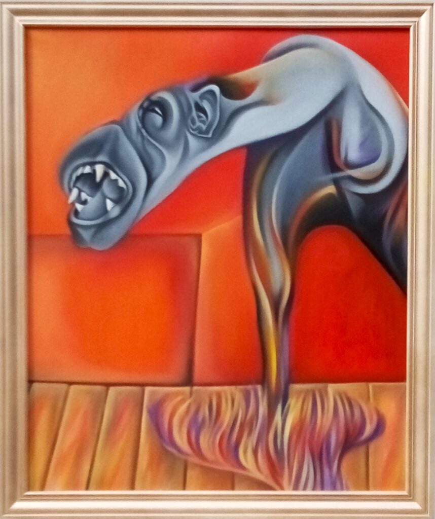 Oil on canvas, a triptych of chimps, influenced by Francis Bacon's painting. Three figures at the base of the crucifixion. Mutated Chimpanzee leaning forward, with multi-coloured fur, purple, orange and yellow tones. In a room of orange and yellow tones, mouth wide open and showing white teeth, wooden floorboards.