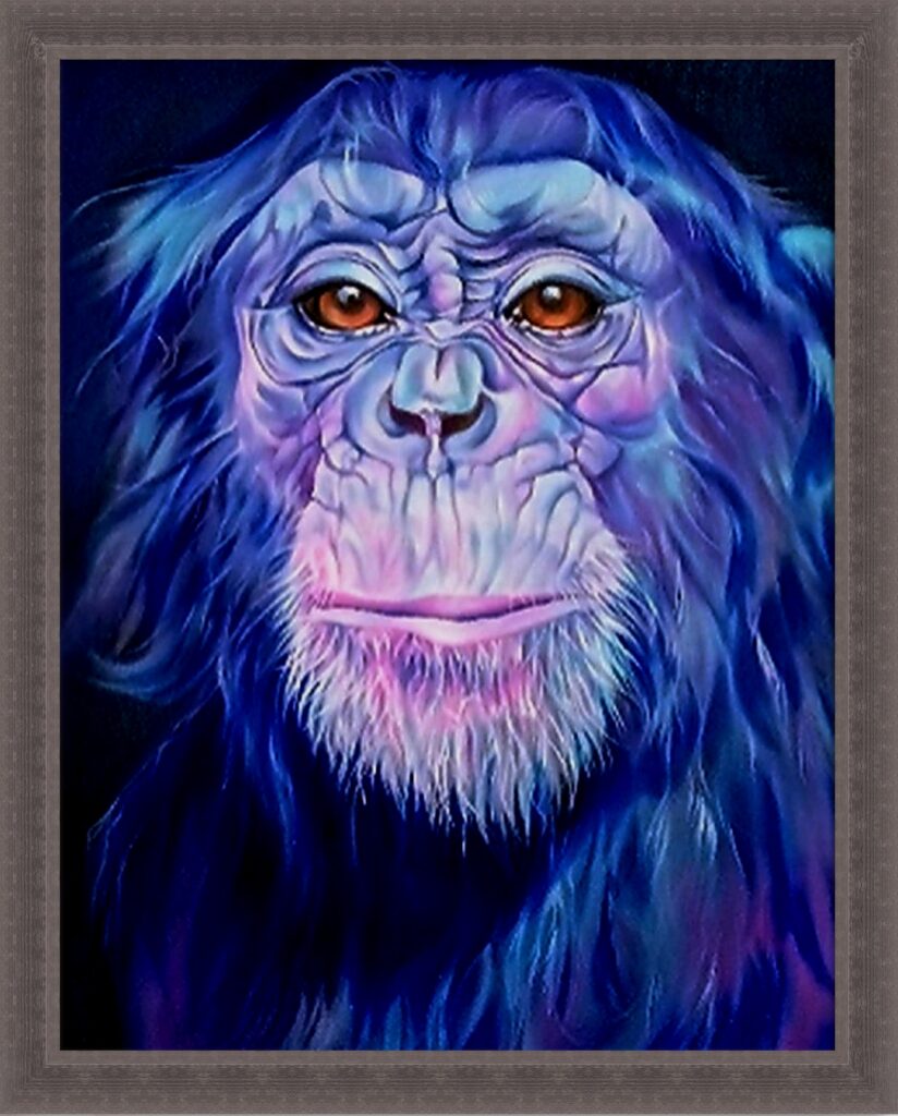 A contemporary detailed portrait of a chimpanzee with a somewhat colorful and dreamy appearance. The chimpanzee's fur has shades of blue, purple, and pink, giving it an ethereal look. The background is dark, which accentuates the vivid colours of the fur.