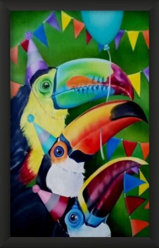 Three different toucans, keel-billed toucan, toco toucan and red-billed toucan. Bright and vivid colours, green, yellow, red and blue beaks. Toucans wear party hats, one holds a balloon in its beak and one has party bunting in its beak. Green forest background. Humorous image perfect for an adult's or child's interior. Framed painting.