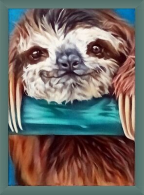 Image of a young sloth, very cute face, smiling with bright brown eyes. The head is resting on a green bar with paws holding onto the bar. Cream hair on the face and brown and orange hair on the head and body. Framed painting.