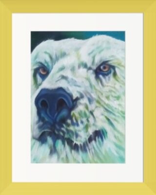 George is a polar bear and the father of the family group. White fur with highlights of green, blue and brown shiny eyes a big black and blue shiny nose with a blue and green background.