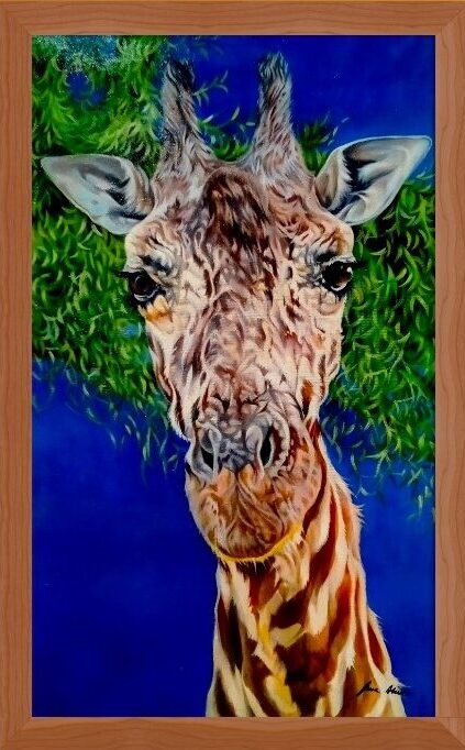 A vivid painting of a close-up giraffe, face and neck, with a playful expression. The background features a blue sky with the bough of a tree and leaves behind the giraffe, across the canvas.