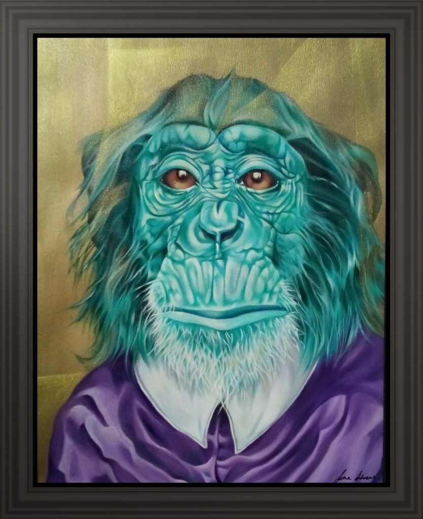 A detailed portrait of a chimpanzee with a somewhat colourful and dreamy appearance. The chimpanzee's fur has shades of spearmint green, wearing purple papel robes, giving it an ethereal look. The background is in luxury gold, which accentuates the vivid colours of the fur and robes.