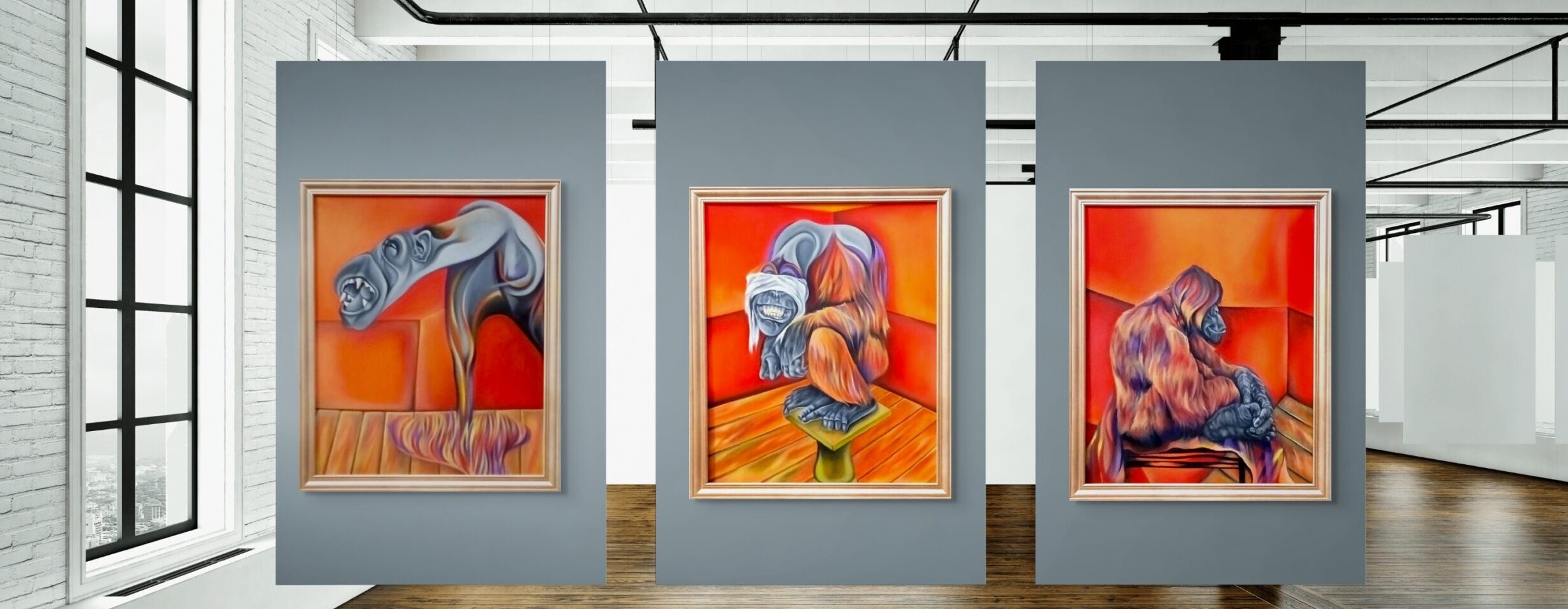 An art gallery with wooden floors and white walls displays three colourful paintings of abstract chimpanzees. The chimpanzees have vibrant purple, orange and yellow hues, each in a different pose. The paintings are The Three Chimps at the base of the crucifixion and feature in Gallery 1. Mounted on large, white vertical panels.