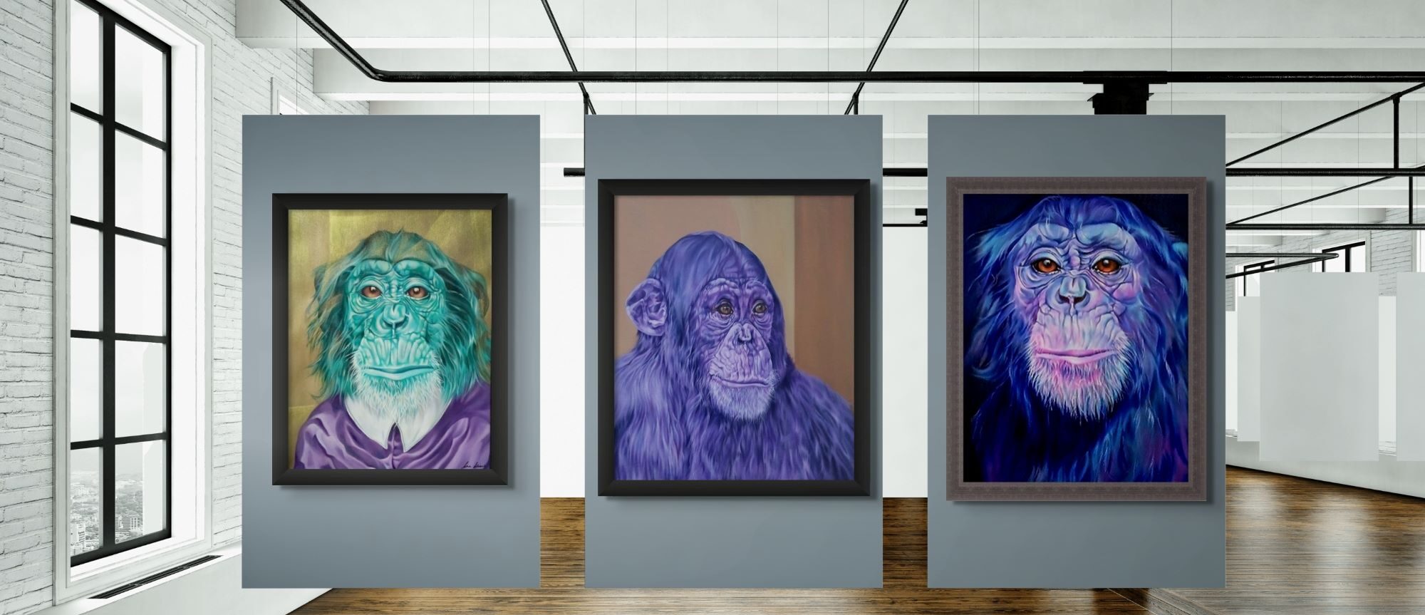 An art gallery with wooden floors and white walls displays three colorful paintings of chimpanzees. The chimpanzees have vibrant blue, purple and green hues, each in a different pose. The paintings are The Chimp Collection and feature in Gallery 1. Mounted on large, white vertical panels.