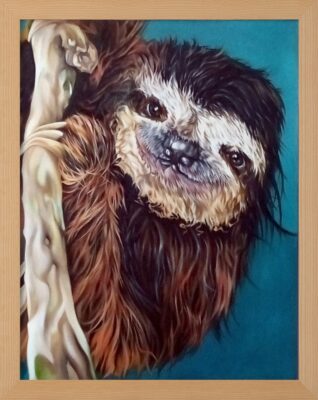 A vibrant painting of a smiling sloth hanging onto a tree branch. The sloth's fur is detailed in shades of brown, black, and cream, contrasting with the teal blue background. The sloth's expressive face adds a lively and joyful feel to the artwork.
