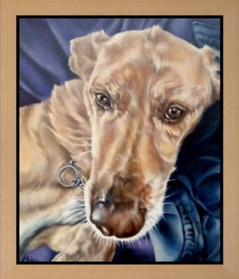 Commissioned portrait of a dog. Front-facing image looking out at the viewer. Brown, shiny, expressive eyes, vibrant portrait that is full of light, big brown shiny nose with beige and white fur. Reclining on the sofa with his paw casually over the arm of the sofa, wearing a chain collar with a purple and dark blue background.