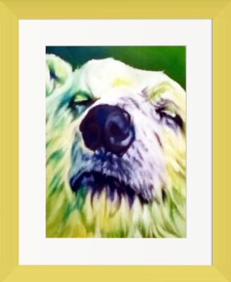 Marilyn is the mother of the family. Green, white and indigo tones. Her eyes are closed, big shiny nose and green background.