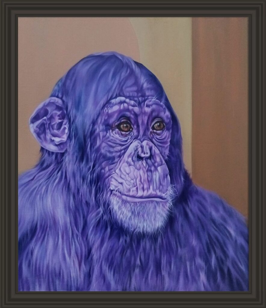 A painting of a chimpanzee with purple fur, against a warm-toned, abstract background. The chimpanzee is depicted with expressive eyes and detailed facial features. The artist's signature is visible in the bottom right corner.