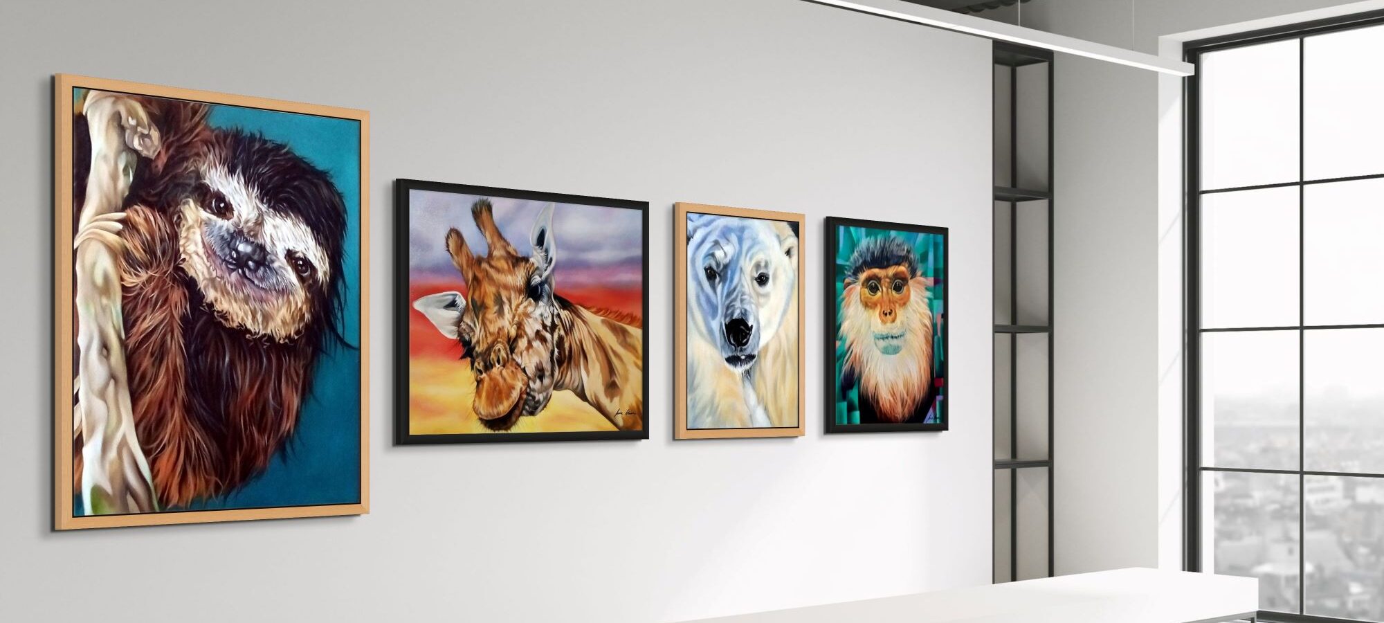 An art gallery with wooden floors and white walls displays four colourful paintings of different animal subjects, each in a different pose. Portraits of a Monkey, Polar Bear, Giraffe and Sloth, all are different sizes and feature in the galleries.