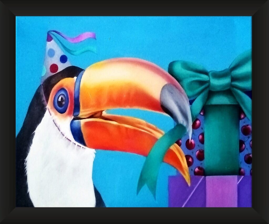 Toco toucan with large, colourful orange and yellow beak. Wearing a party hat with polka dots. Opening two large presents, the top present with large green bow, being pulled by the toucan's beak. Light blue background. Framed painting