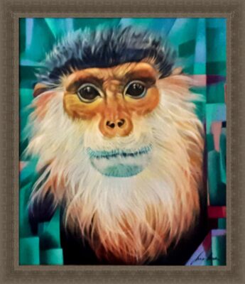 Vibrant painting of the endangered, Red-shanked, Douc Langur Monkey, native to Vietnam. Portrait with large brown eyes with full white main and grey, blue hair on the head, orange body fur with cubist green, blue and pink background. Framed painting.