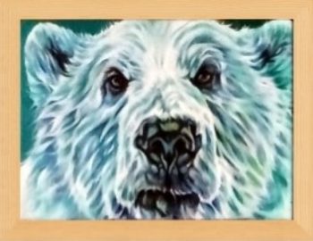 Close-up portrait of a polar bear with white fur, highlighted by the colours of the northern lights, aurora borealis. big shiny nose and brown reflective eyes with snow around the mouth area. White, gree and purple reflections in the fur.