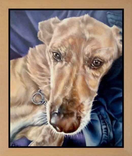 Commissioned portrait of a dog. Front-facing image looking out at the viewer. Brown, shiny, expressive eyes, vibrant portrait that is full of light, big brown shiny nose with beige and white fur. Reclining on the sofa with his paw casually over the arm of the sofa, wearing a chain collar with a purple and dark blue background.