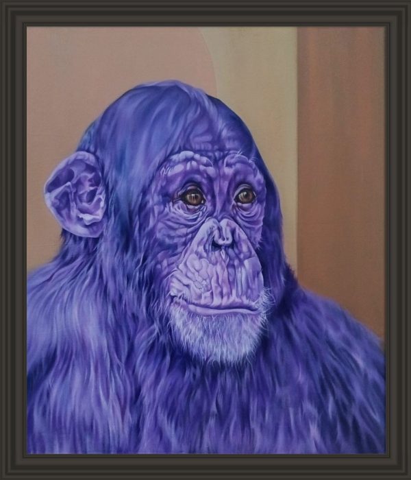 A painting of a chimpanzee with purple fur, against a warm-toned, abstract background. The chimpanzee is depicted with expressive eyes and detailed facial features. The artist's signature is visible in the bottom right corner.