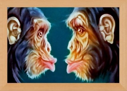 Oil painting on watercolour paper of Chimp Twins. Head portraits facing each other, pulling faces. Flesh tones, with brown eyes, grey and blue fur with a teal coloured background.